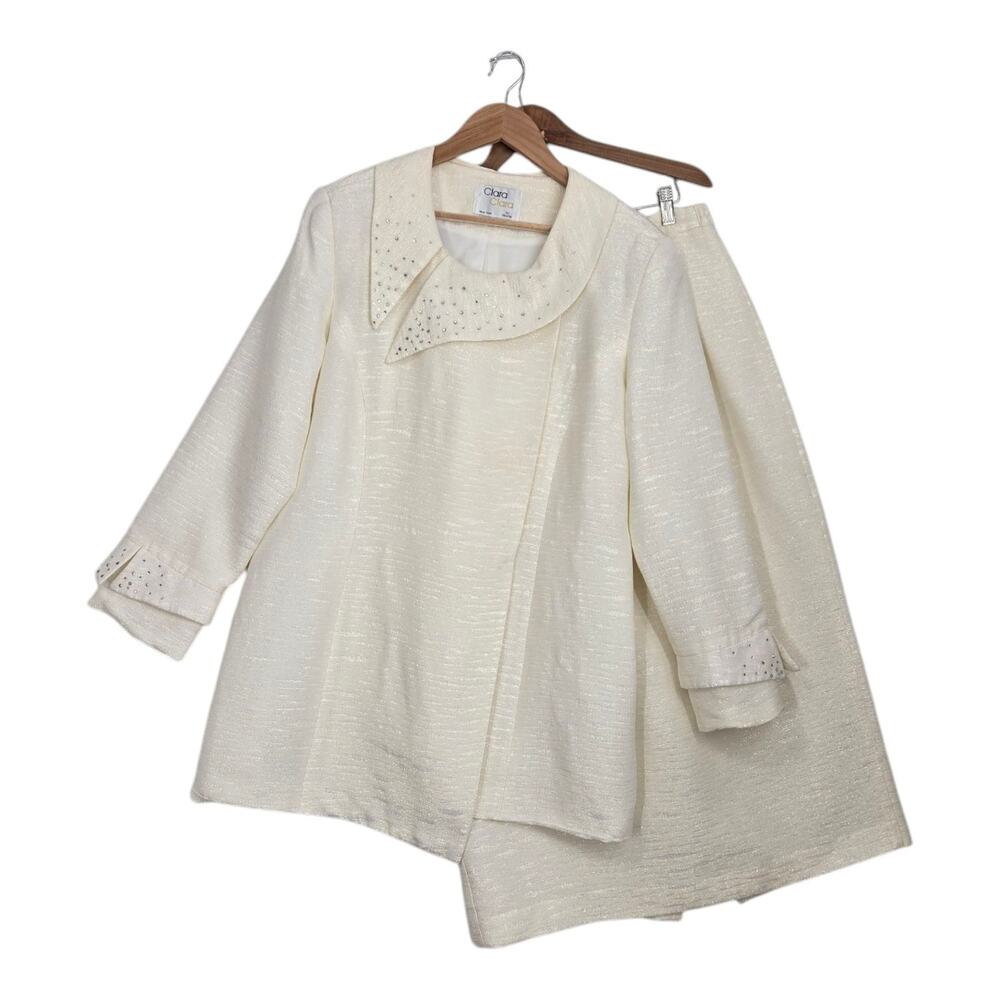 Clara Clara Jacket Skirt Suit 18 Ivory Rhinestone Collar Vintage 90s Formal